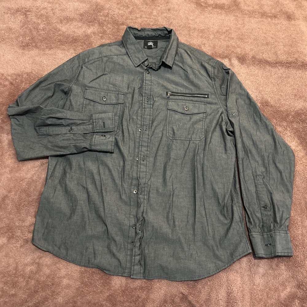 Rock & Republic Button Down Shirt Zipper Pockets Roll Tab Sleeves Men's XLarge